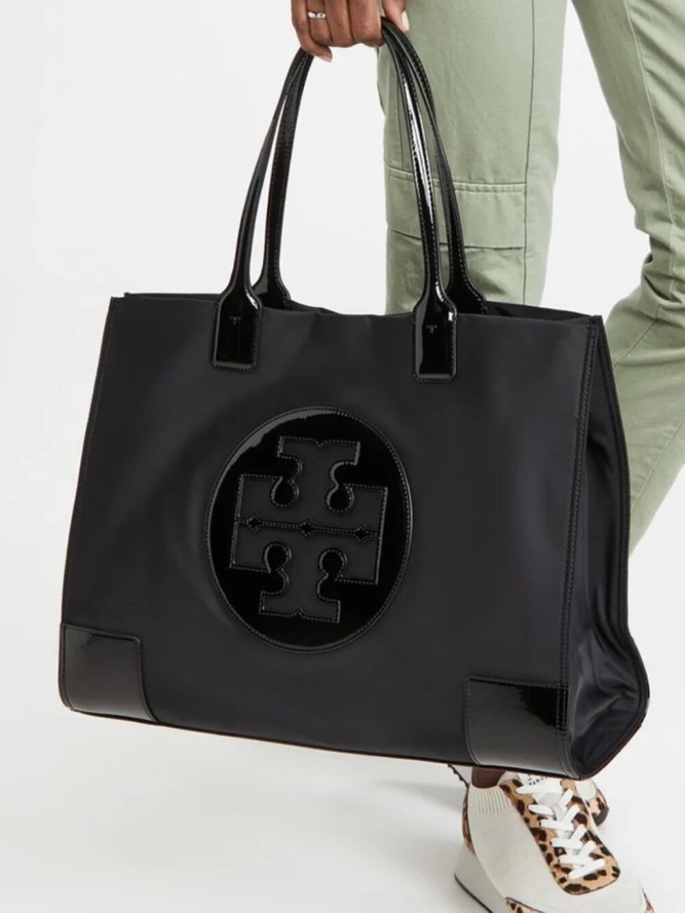 Tory Burch X2108 Black Patent Leather Nylon X-Large Tote Size 23/17x13x5 in - Picture 2 of 13
